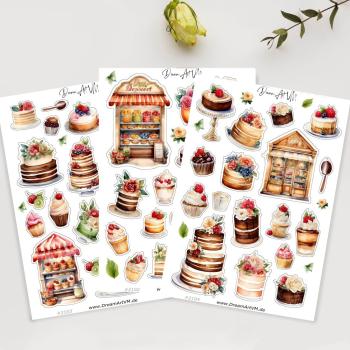 Set von drei Stickerbögen mit handgezeichneten Motiven von Kuchen, Cupcakes und Dessertvitrinen im Vintage-Stil. Jedes Motiv ist liebevoll gestaltet mit reich verzierten Torten, Cupcakes und Süßspeisen, die farbenfrohe Blumen und Beeren zeigen. Ein perfek